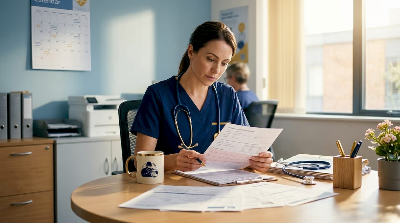 Healthcare worker reviewing patient records at desk