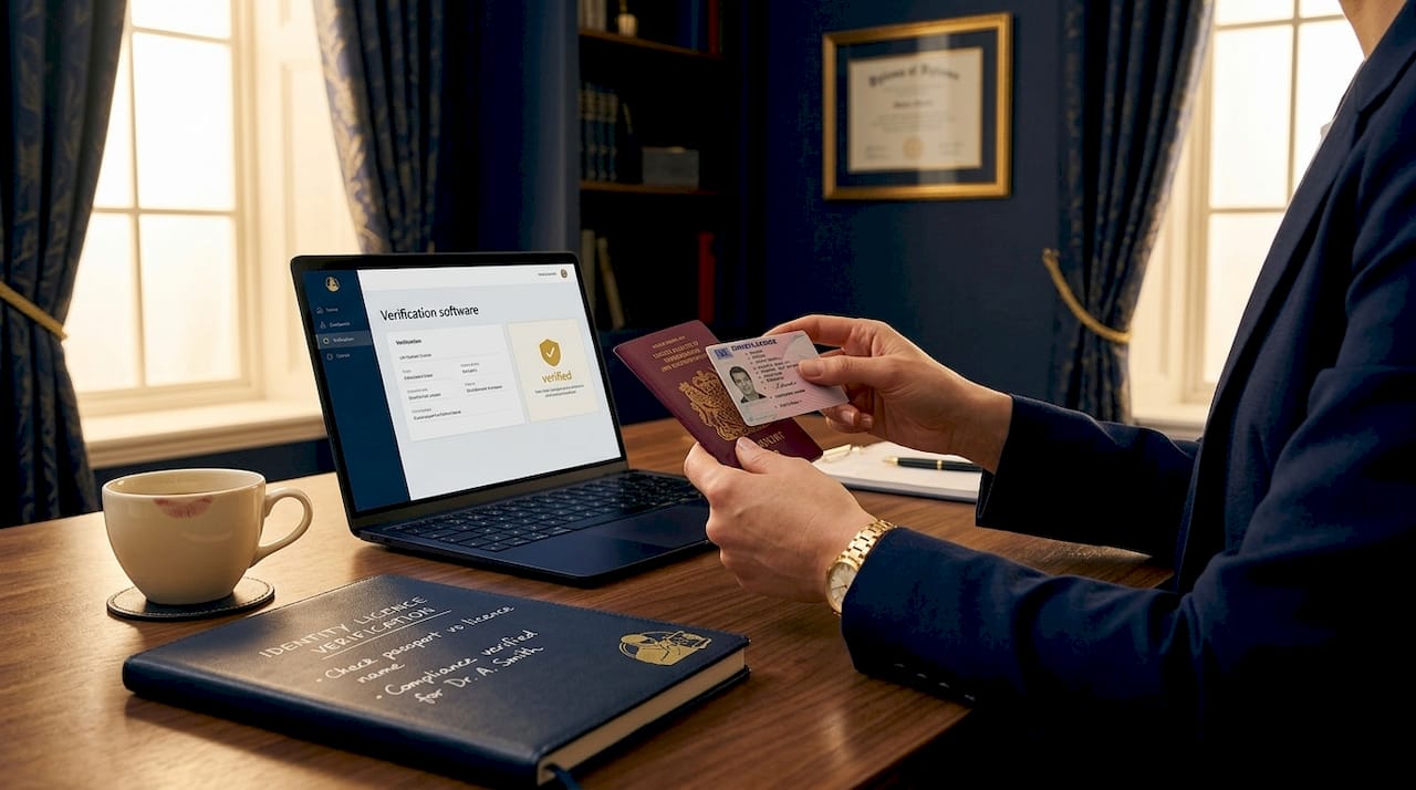 Compliance officer verifying ID documents at desk