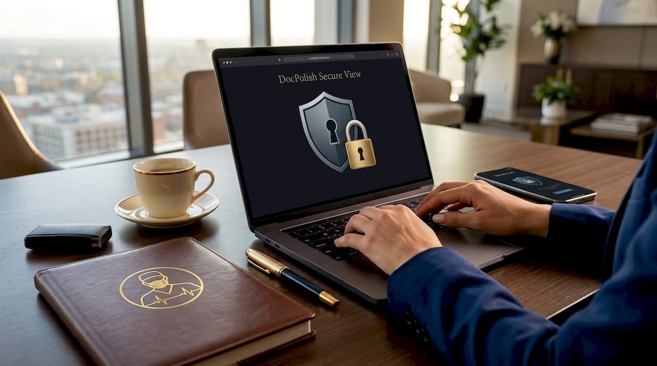 Hands typing on laptop with encrypted document icon visible