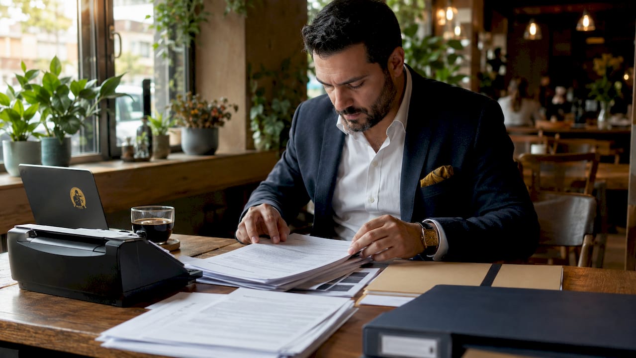 Professional sorting insurance documents at desk