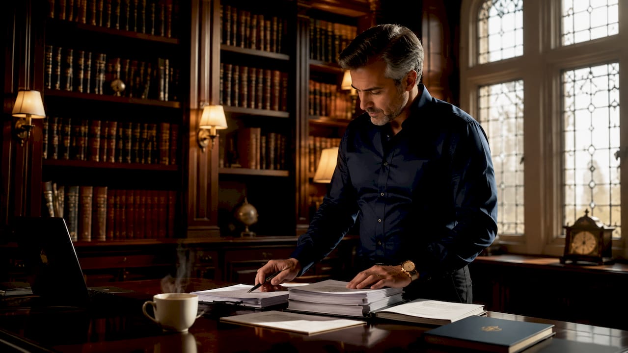 Accountant reviewing printed audit documents