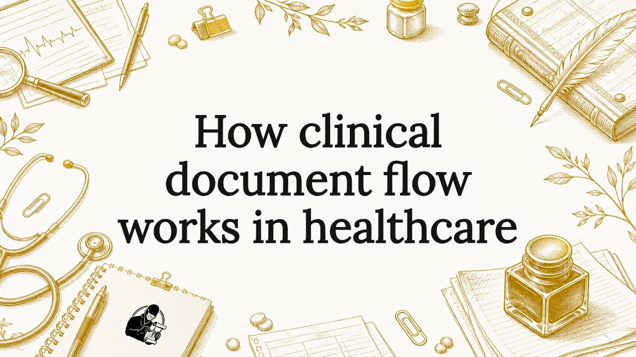 Decorative title card illustration with healthcare document motifs