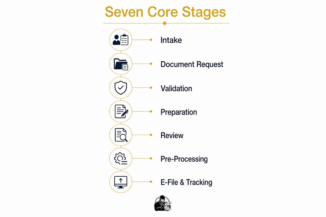 Infographic showing seven core tax workflow stages