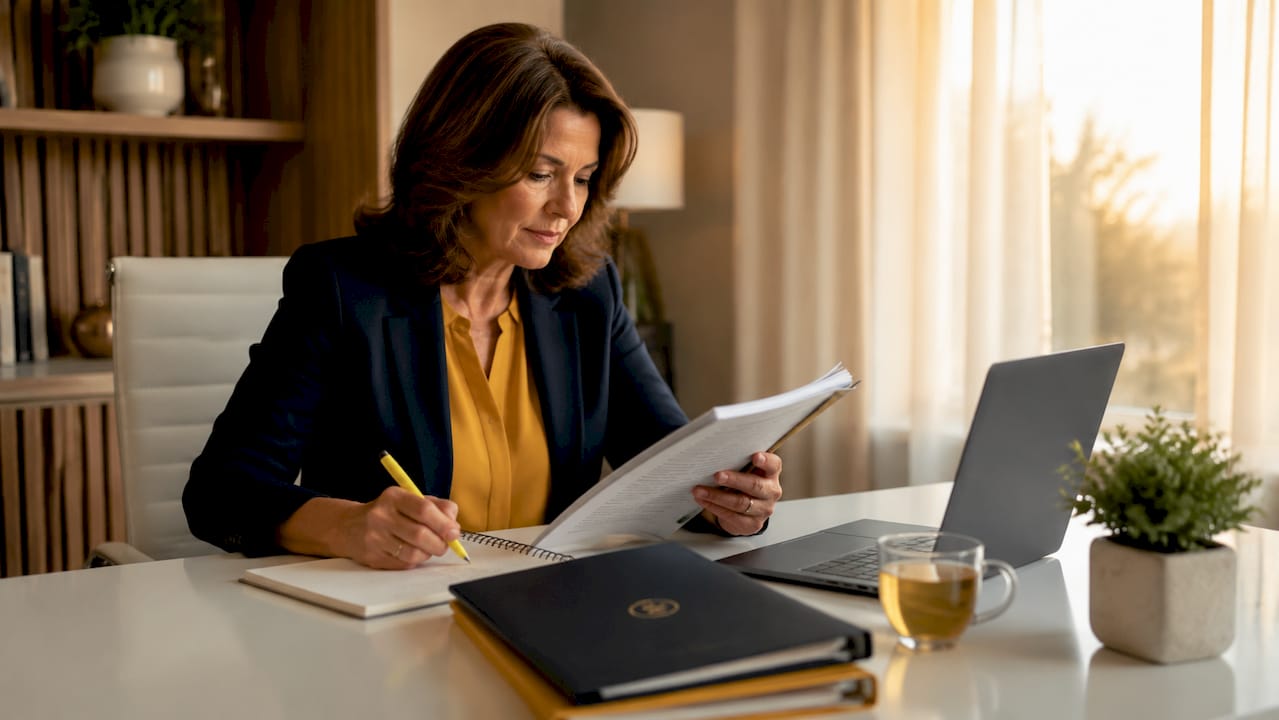 Professional reviewing policy documents at desk