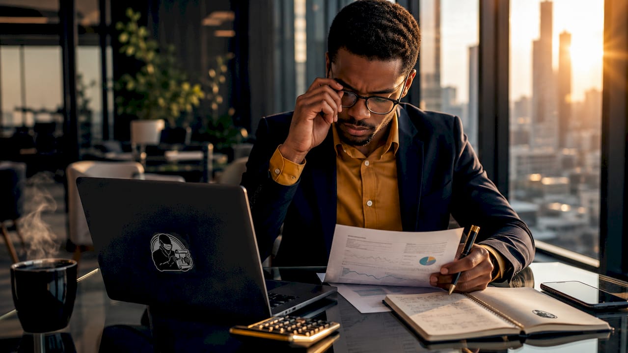 Finance team member reviewing secure documents at desk