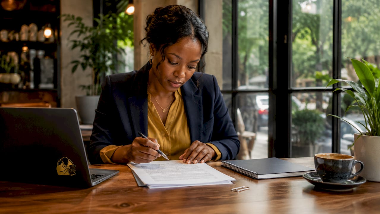 Woman reviewing healthcare compliance document at desk