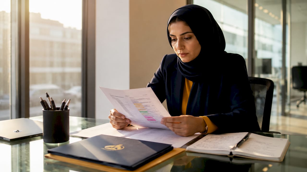 Person reviewing printed compliance documents at desk