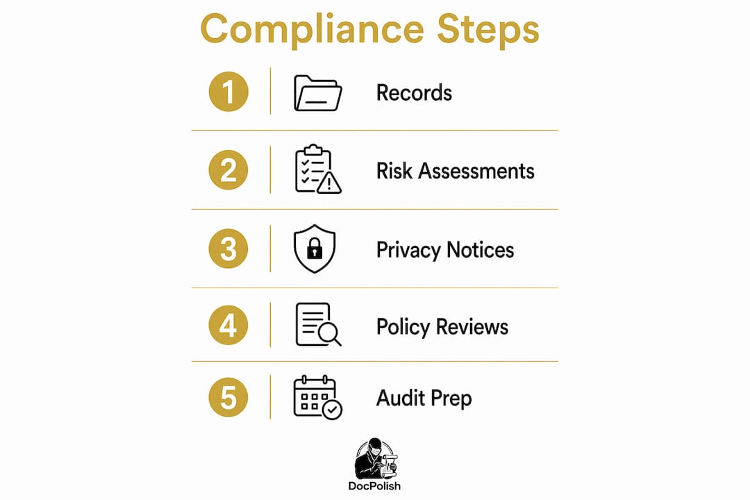 Infographic showing compliance documentation steps in sequence