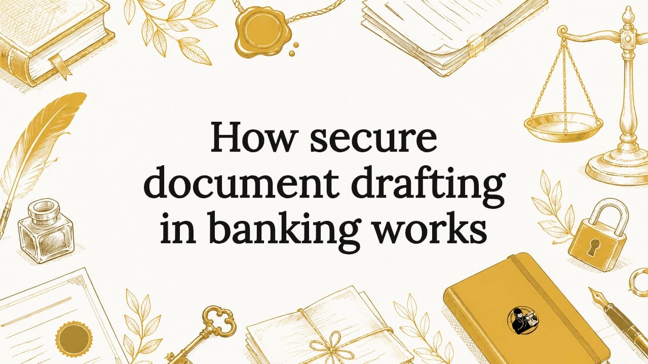 Decorative title card illustration with banking and legal tools