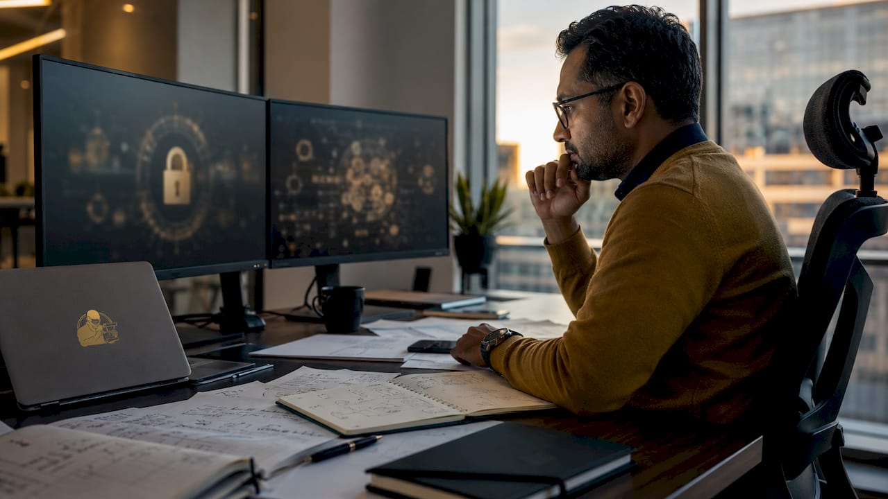 Man working on encryption in modern security office
