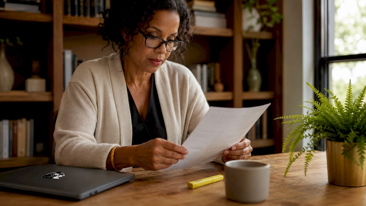 Professional woman reviewing tax documents at desk.