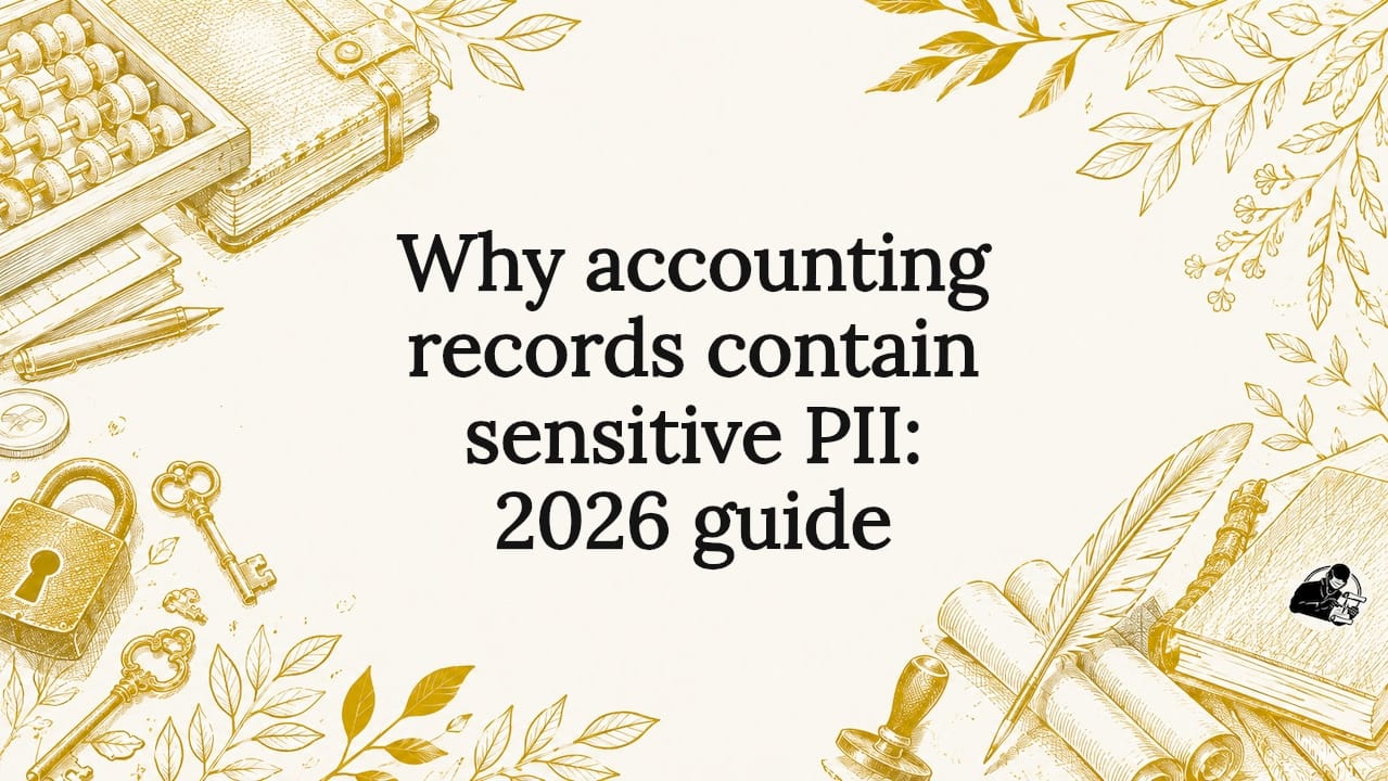 Decorative title card illustration with accounting and security icons