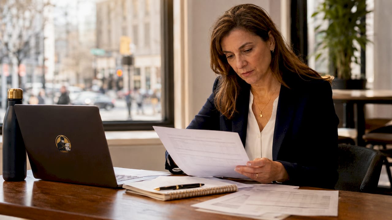 Accountant reviewing financial documents at desk