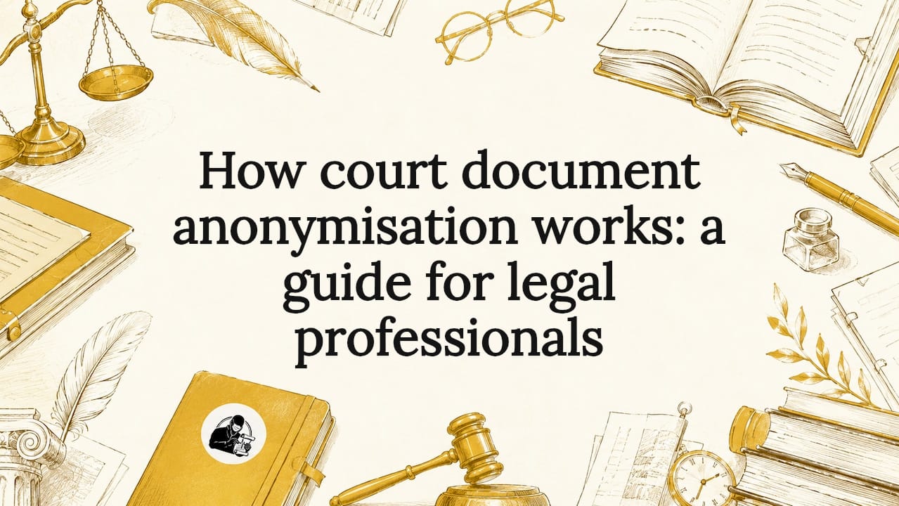 Decorative court document anonymisation title card illustration
