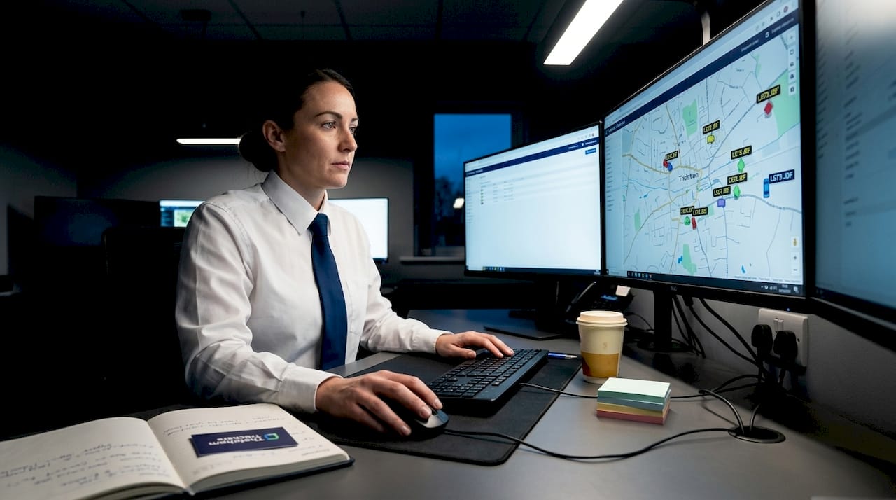 Technician monitors real-time vehicle tracking screens