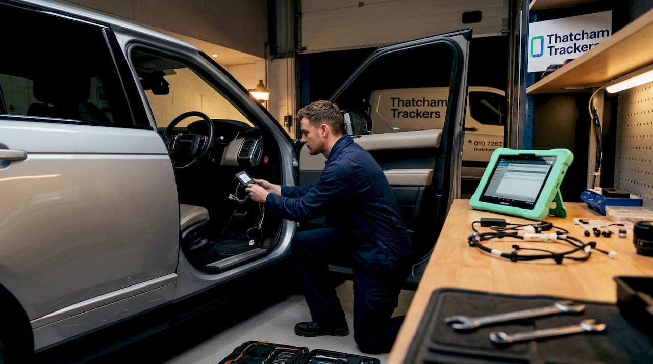 Technician installing car tracker in vehicle garage