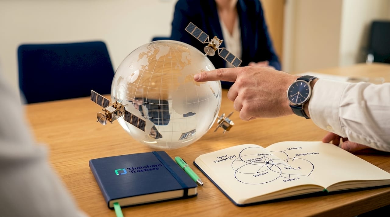 Hand pointing at globe with satellite models for trilateration