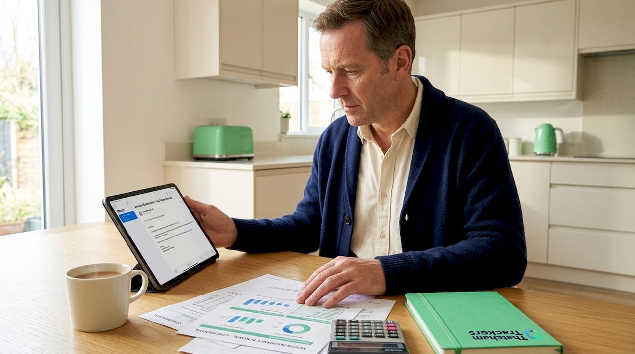 Man reviewing car insurance premiums at table