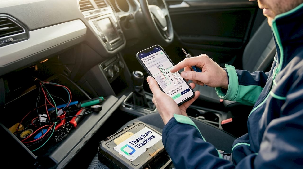 Hands reviewing wiring diagram before car tracker install