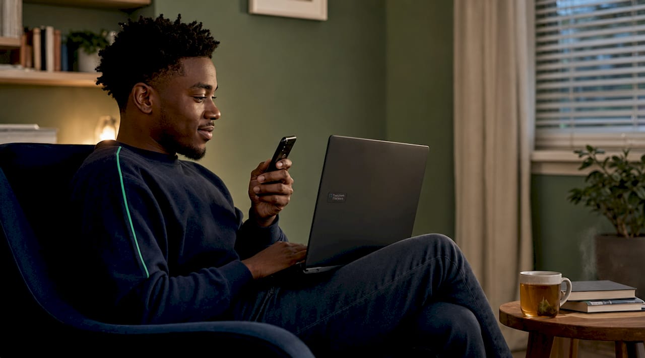 Car owner checking tracker alert on smartphone at home