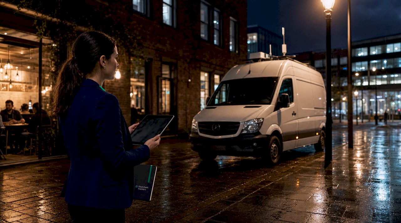 Fleet manager checking vehicle tracking on smartphone outside