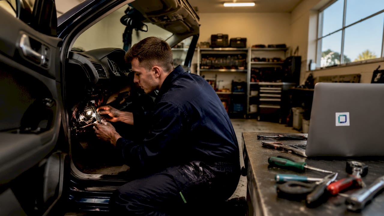 Technician fitting insurance-approved tracker in car dashboard