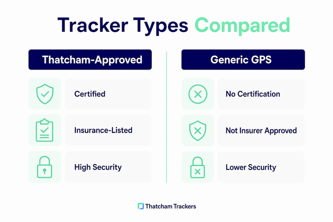 Infographic comparing Thatcham-approved and generic GPS trackers