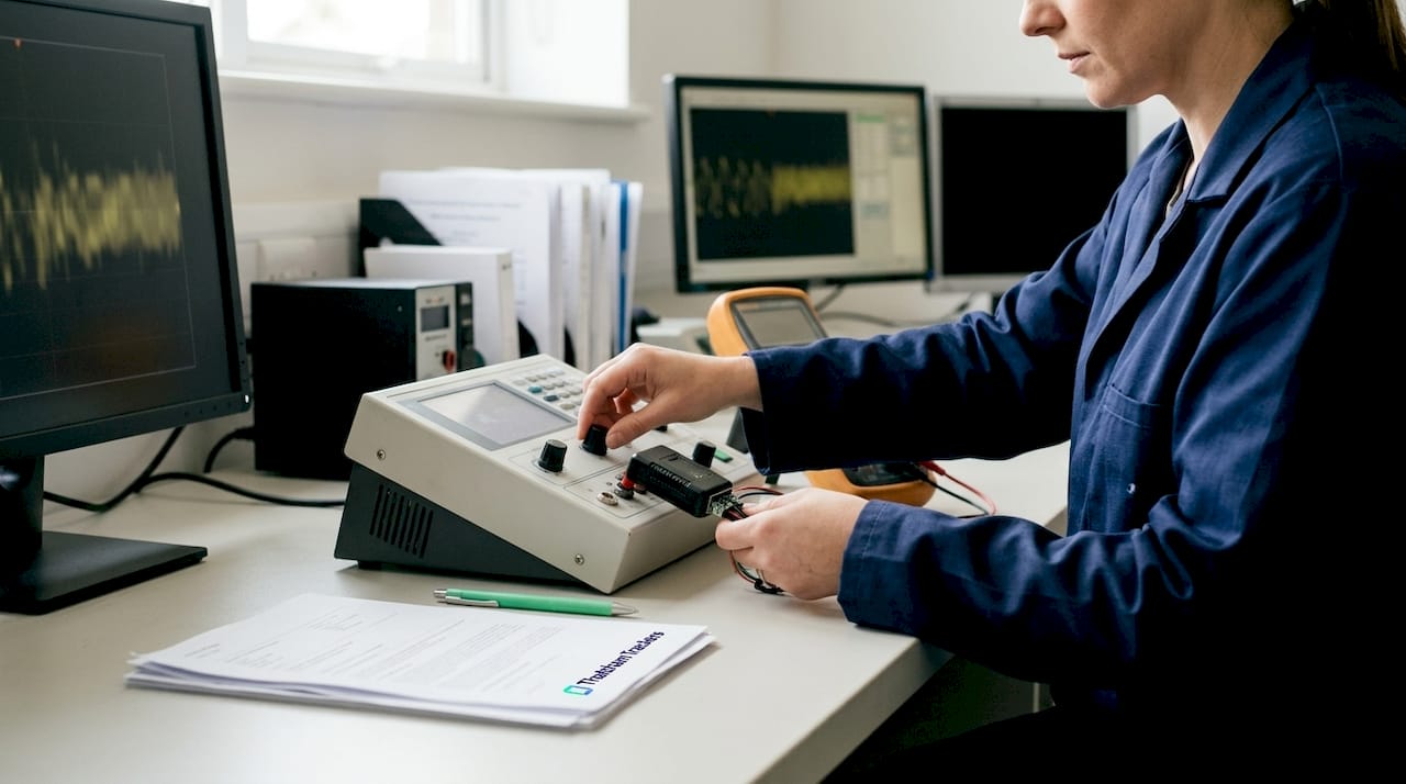 Hands testing vehicle tracker in certification lab