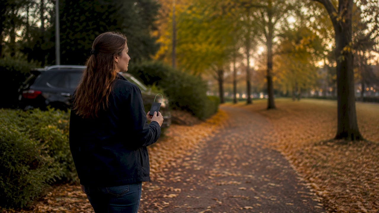 Woman testing ADR alert walking from vehicle