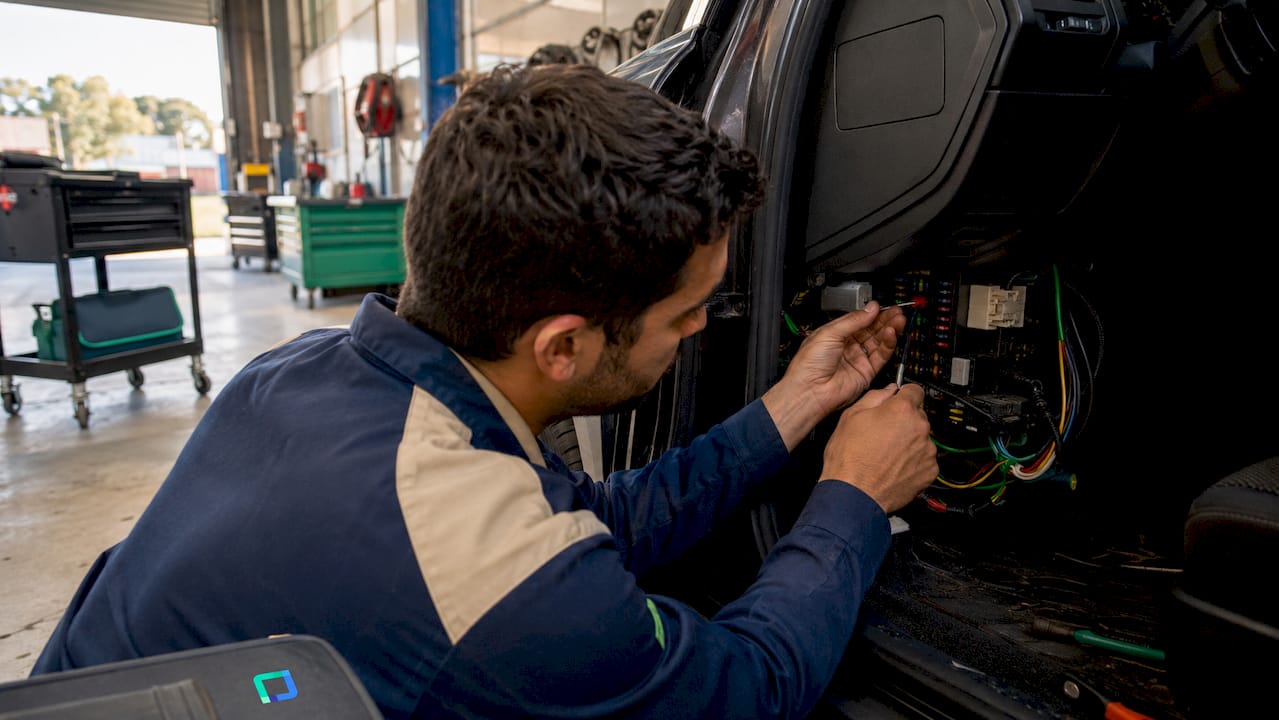 Technician installing hardwired tracker under dashboard