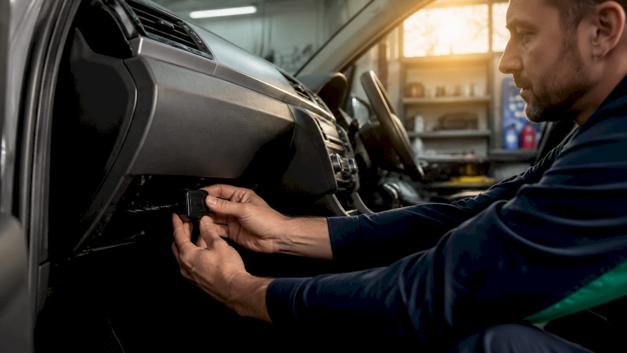 Installer placing GPS tracker hidden in car glove compartment