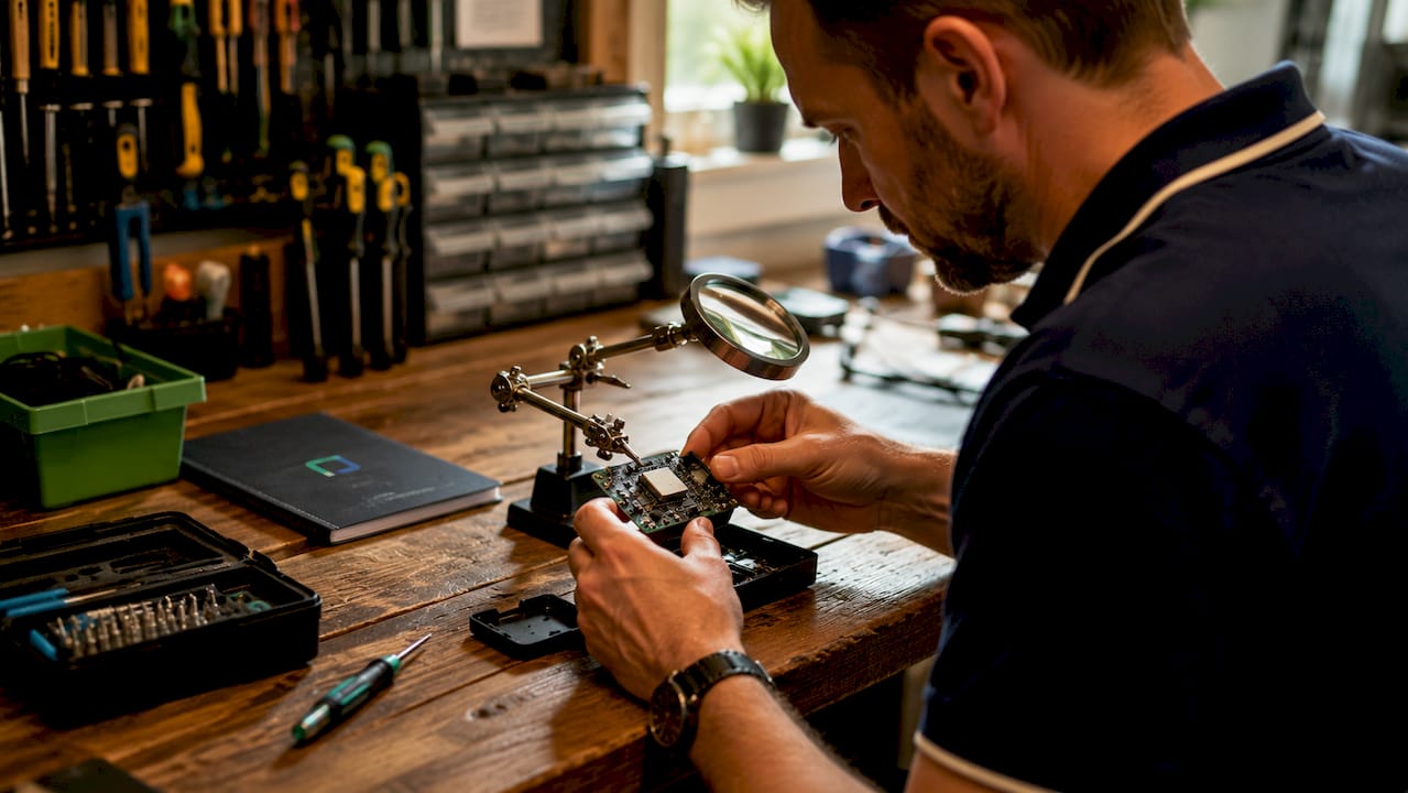 Technician working on vehicle tracker hardware