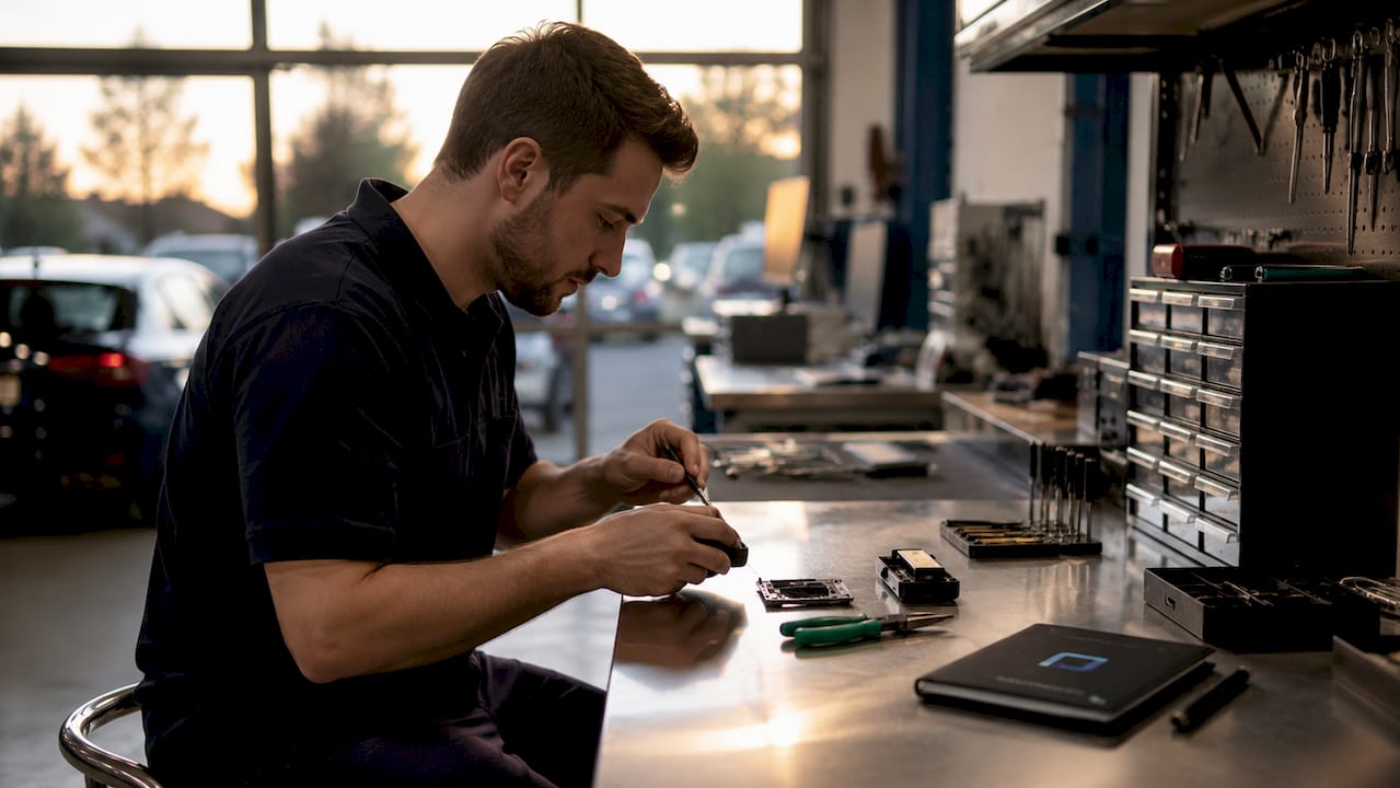 Hands assembling vehicle tracker on workbench
