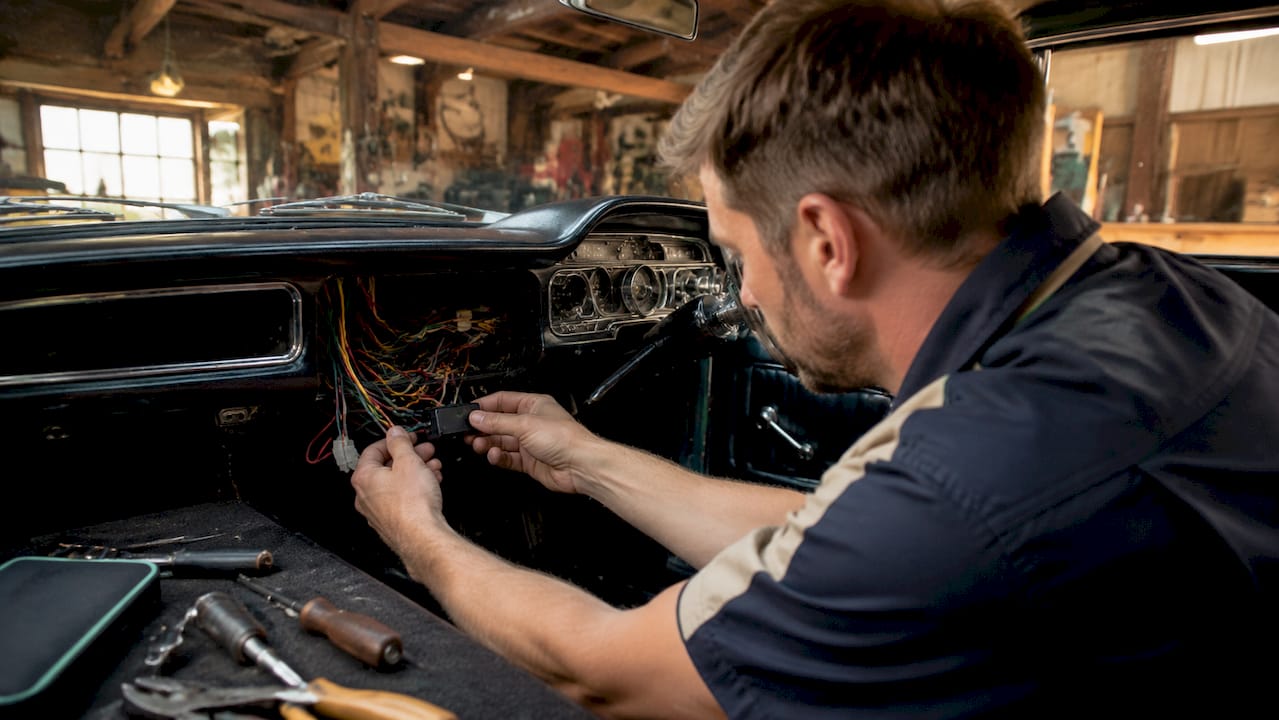 Technician installing car tracker under dashboard