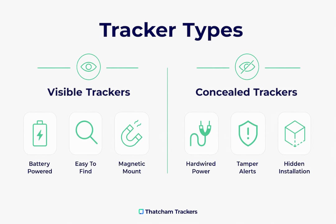 Infographic comparing visible and concealed GPS trackers