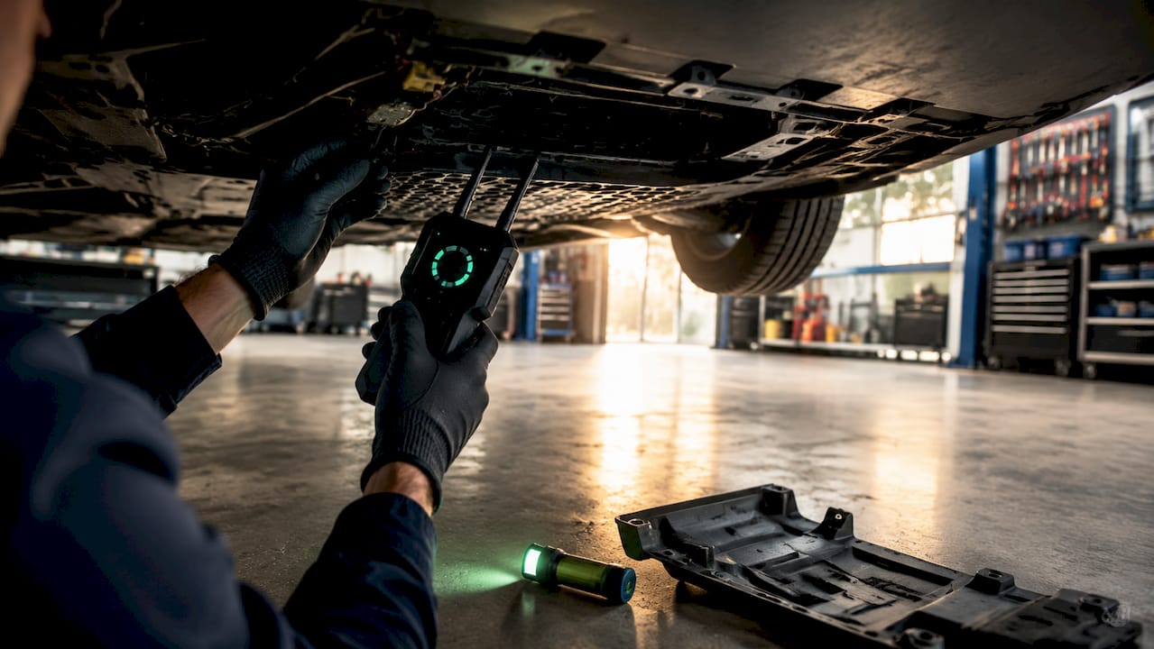 Hands scanning vehicle underside for hidden tracker
