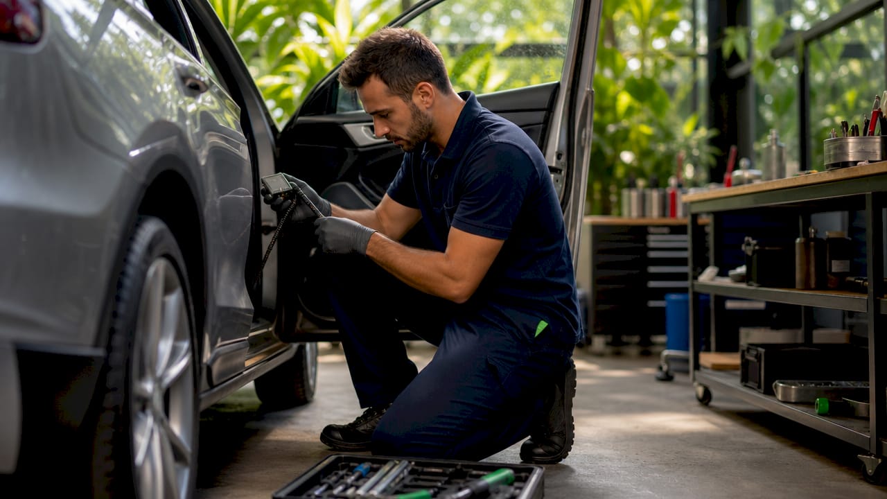Certified technician installing tracker in car garage