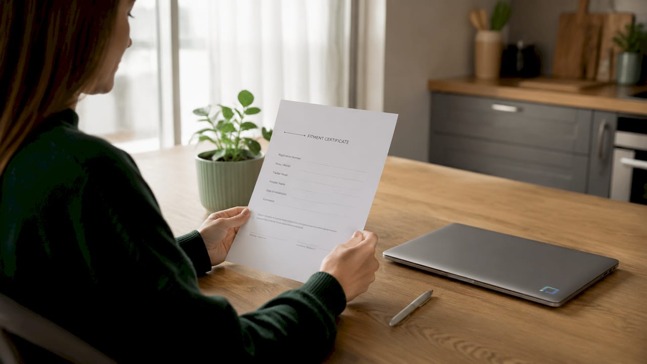 Hands holding tracker installation certificate document