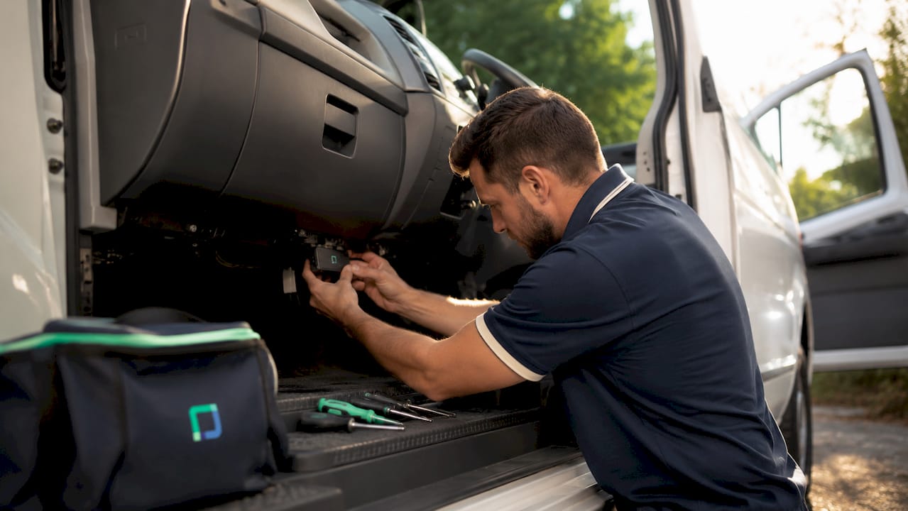 Technician installing GPS tracker in vehicle