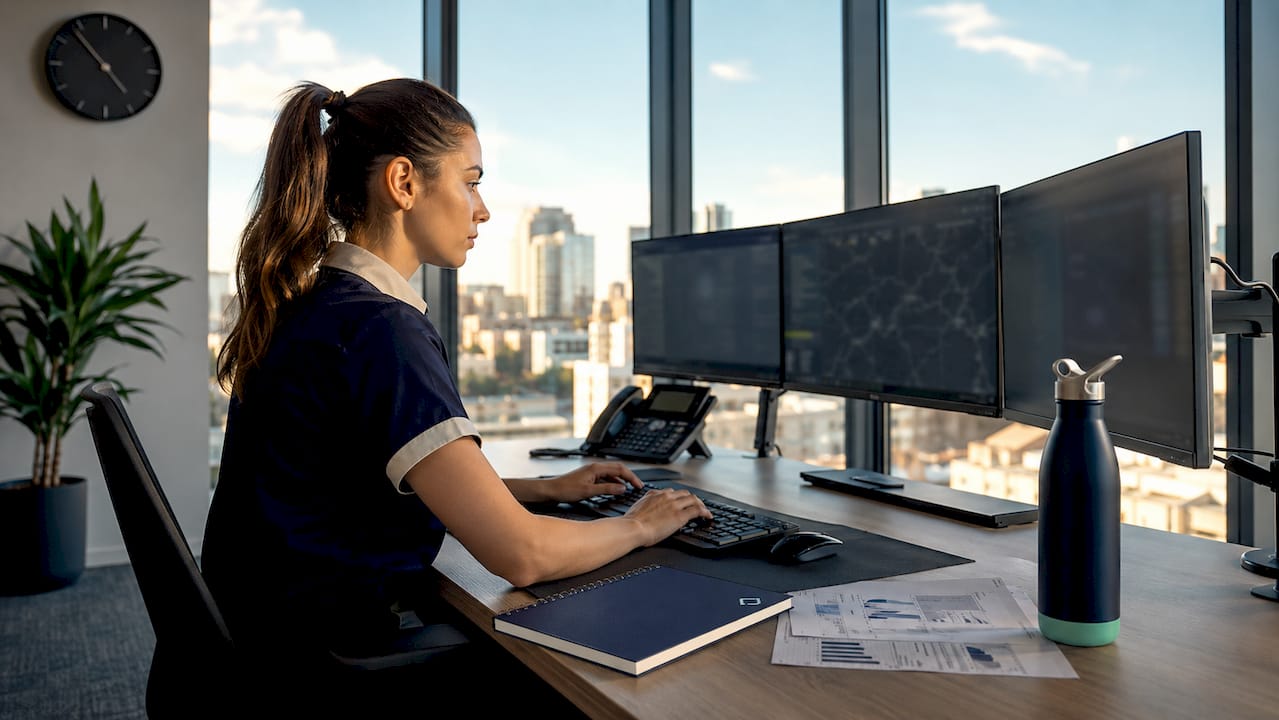 Female operator monitoring GPS tracking control center