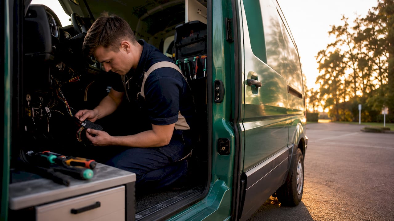 Technician installing vehicle tracking device