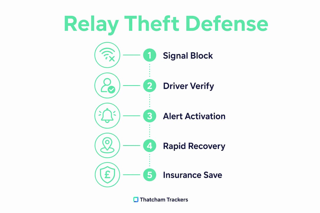 Infographic showing relay theft prevention steps with tracker