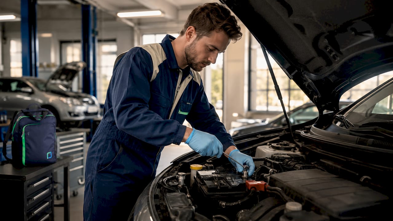 Close-up of mechanic disconnecting car battery terminal