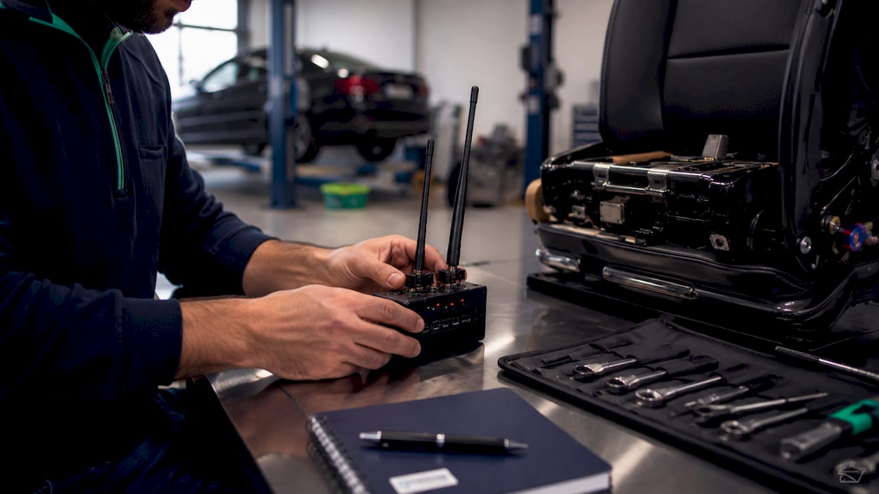 Hands assembling vehicle GPS and VHF tracker device