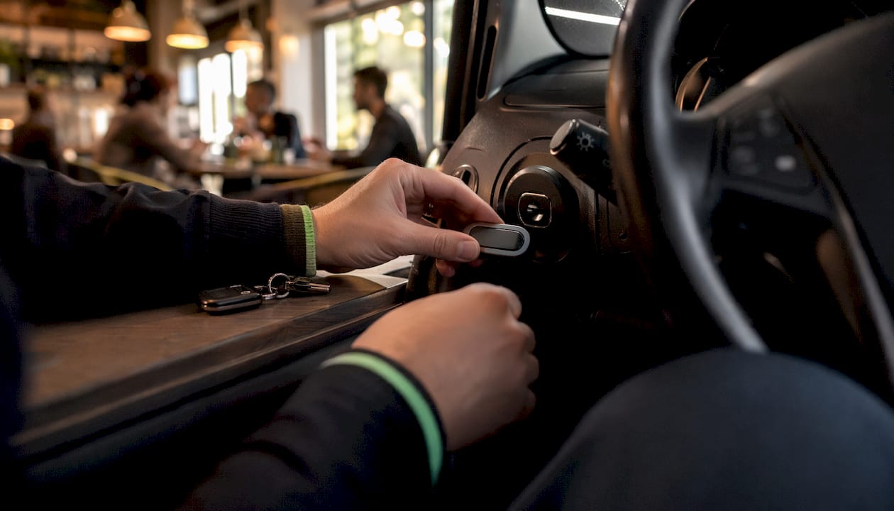 Hands holding driver identity tag near car ignition