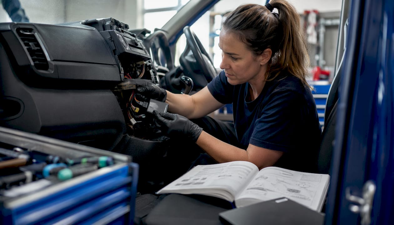Mechanic installing vehicle tracking device