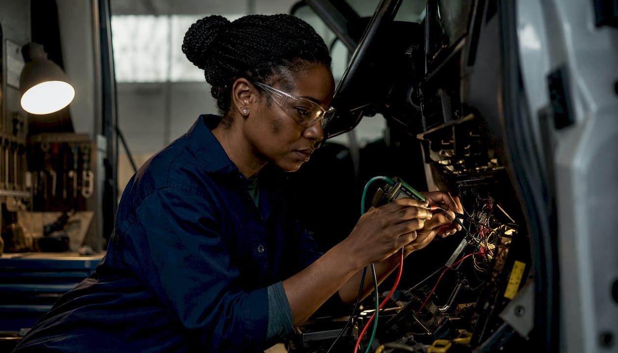 Engineer checking vehicle wiring with multimeter