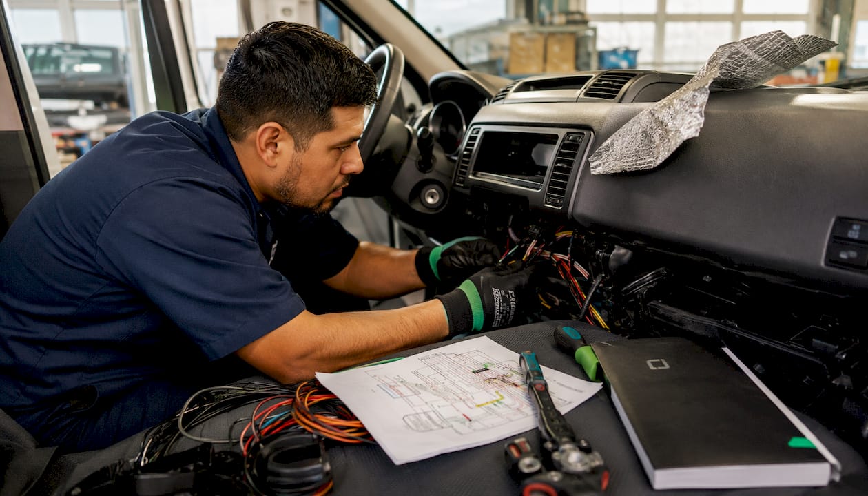 Mechanic installing wiring for tracker in vehicle