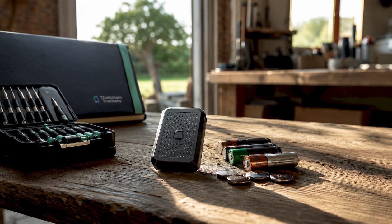 GPS tracker with assorted batteries in studio