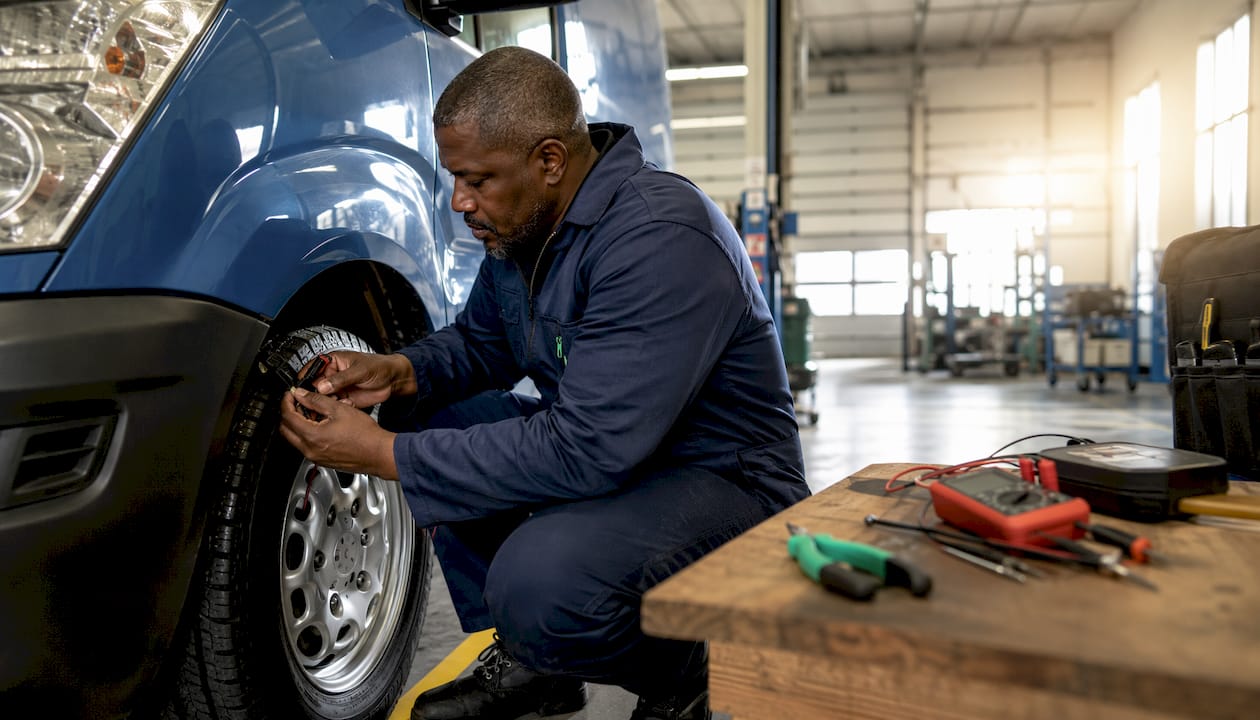 Technician installing vehicle tracker in workshop